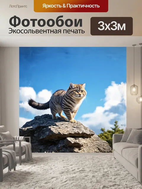 Фотообои манул, грациозно шагнувший на вершину скалы, наблюдает за просторами дикой природы в яркий летний день