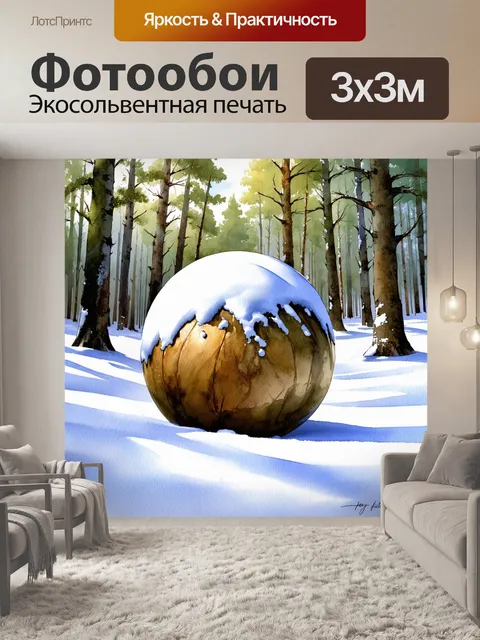 Фотообои мяч, укрытый снежным покровом в зимнем лесу
