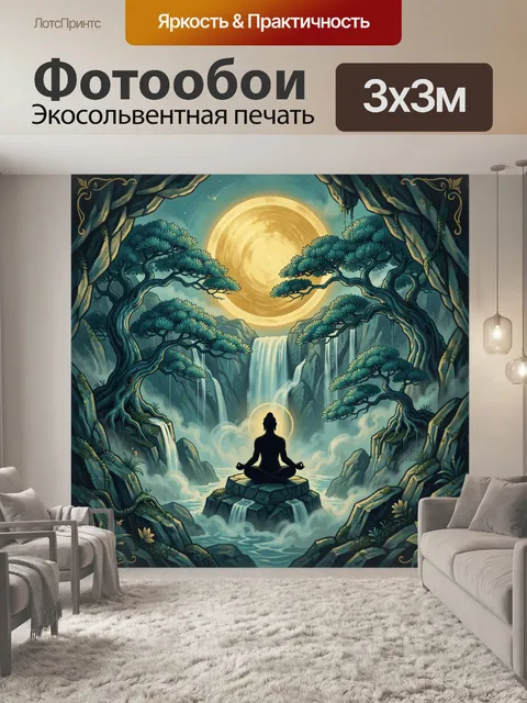 Фотообои Медитирующий на скале среди водопада