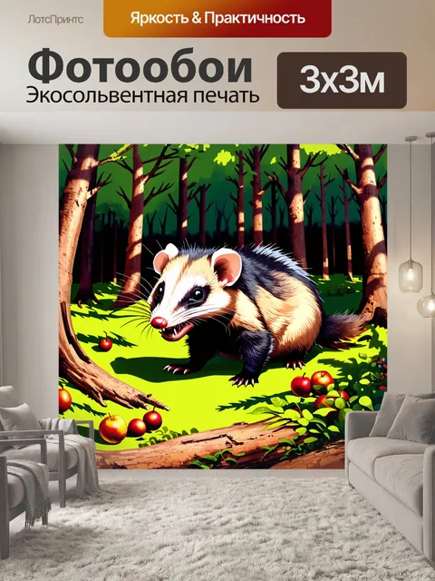 Фотообои утренний лес с опоссумом, который охотится за фруктами