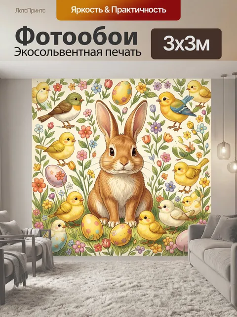 Фотообои Кролик с пасхальными цыплятами и яйцами
