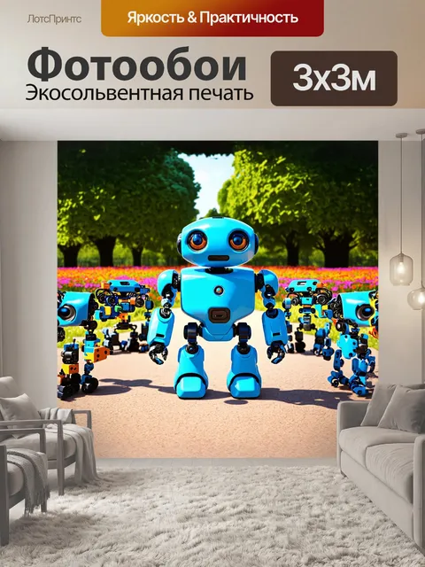 Фотообои в центре композиции - ярко-голубой робот с большими