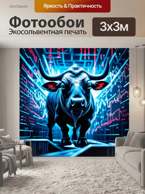 Фотообои бык, полностью покрытый листами графиков и цифр, медленно пробирается сквозь лабиринт сделок на фондовом рынке