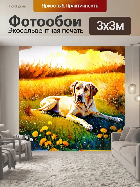 Фотообои лабрадор, лежащий на мягком лугу, окружен разнообразием цветущих трав и полевых цветов, таких как клевер и…