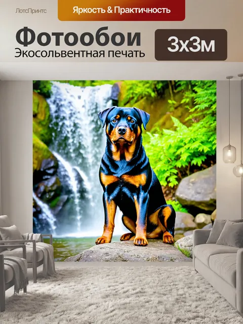 Фотообои ротвейлер, сочетающийся с природой, сидящий на камне у водопада