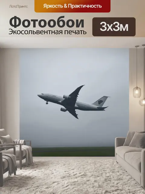 Фотообои авиалайнер, что взлетает в туманном утре, скрываясь среди серых облаков