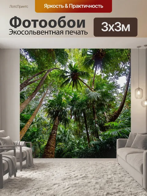 Фотообои тропический лес с высокими пальмами и экзотическими растениями