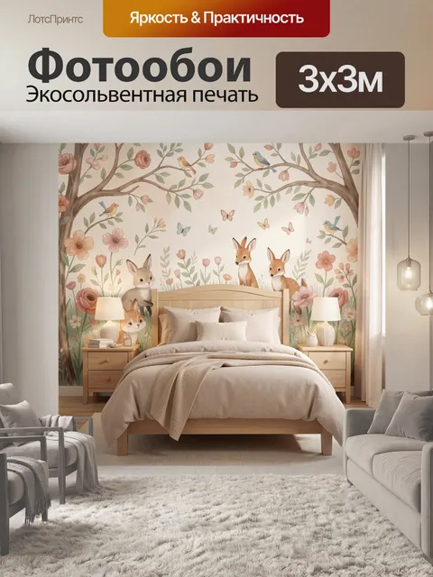 Фотообои Лесные зверята и цветы