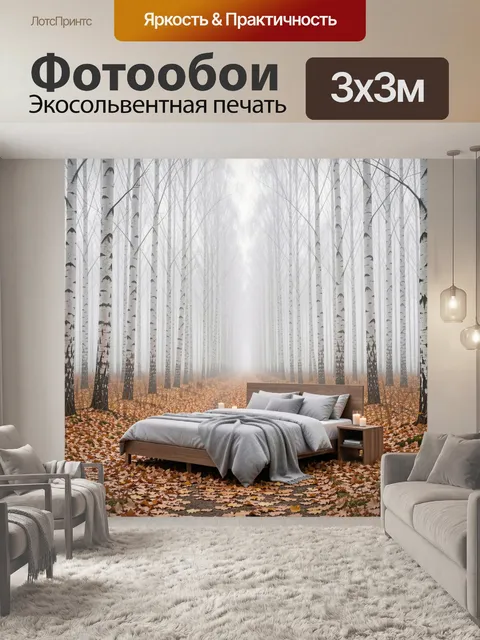 Фотообои Кровать в туманном березовом лесу