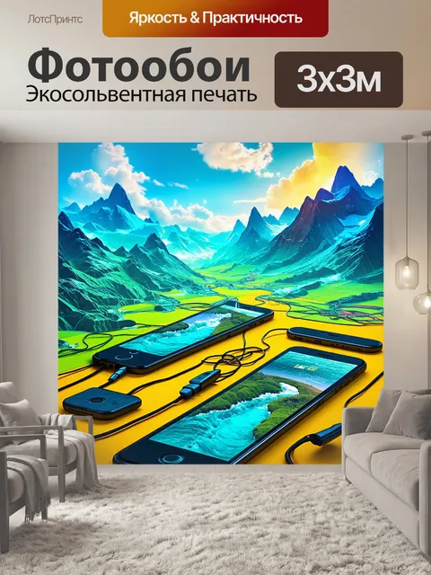 Фотообои пейзаж с мобильными устройствами в виде ландшафта, где телефоны заменяют горы, а кабели - реки