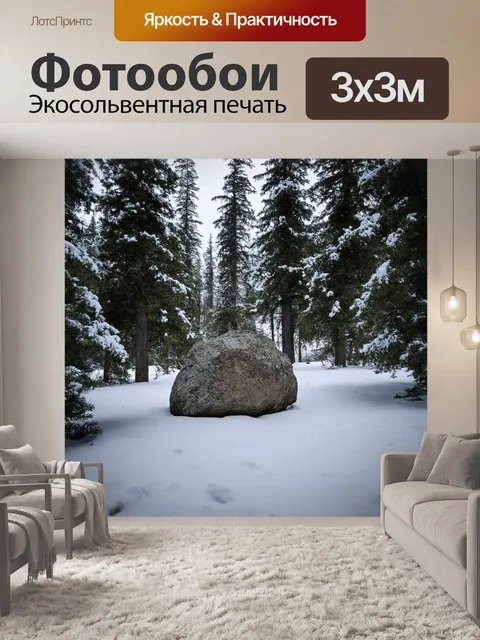Фотообои камень, окруженный зимним лесом, покрытым снегом
