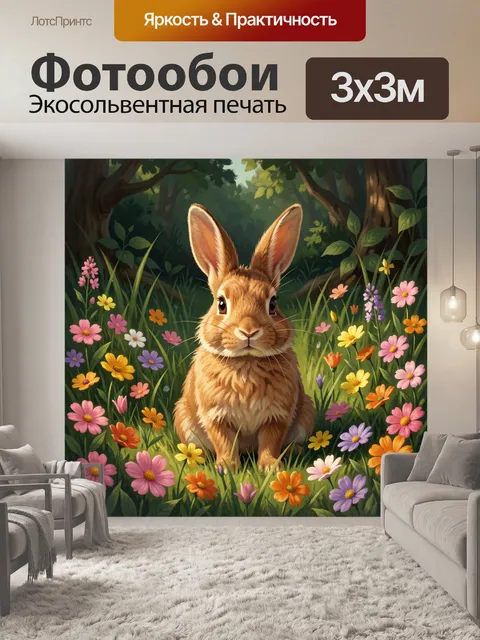 Фотообои Рыжий кролик среди цветов