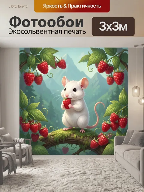 Фотообои Белая мышь с малиной