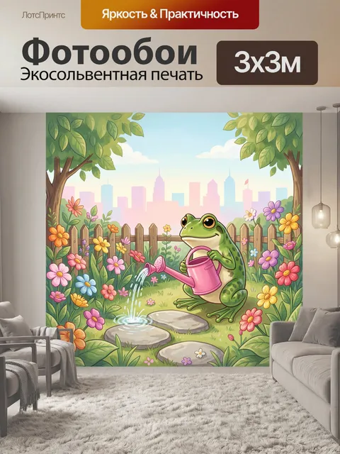 Фотообои Лягушка с лейкой среди цветов