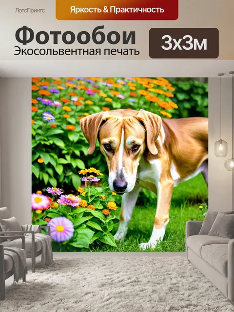 Фотообои пес, нюхающий цветы в саду, полон любопытства