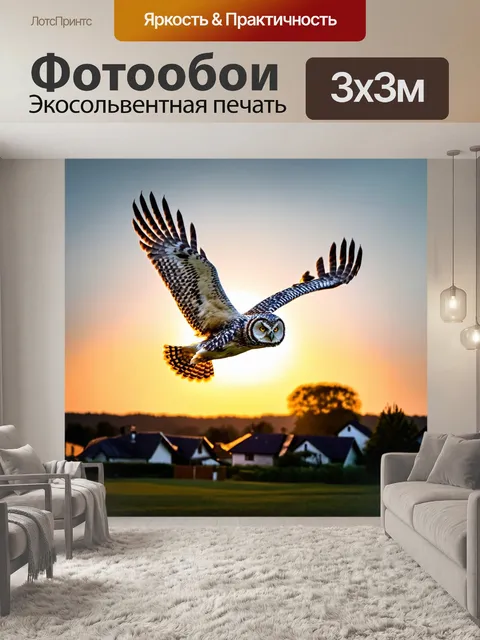 Фотообои совушка, парящая в небе над мирной деревней, с закатом на заднем плане, освещающим её перья и создающим…