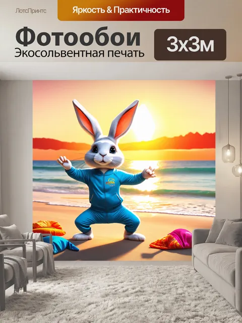 Фотообои забавный кролик в спортивном костюме занимается йогой на пляже на закате
