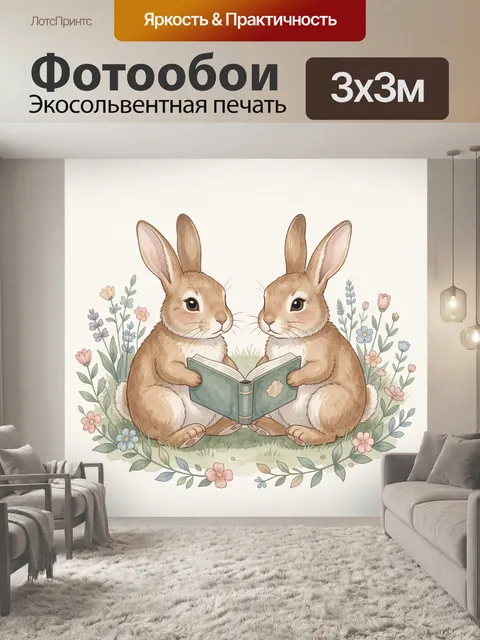 Фотообои Два зайца с книгой среди цветов