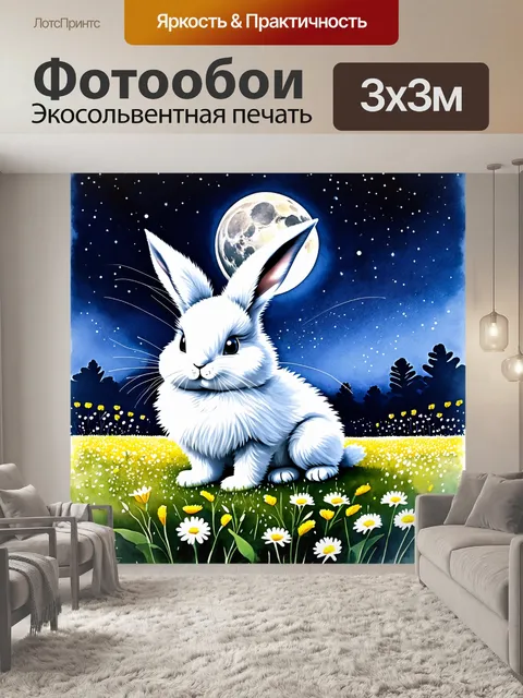 Фотообои в мерцающем лунном свете изображение пушистого кролика, сидящего на нежных цветах в полях под вечерней луной