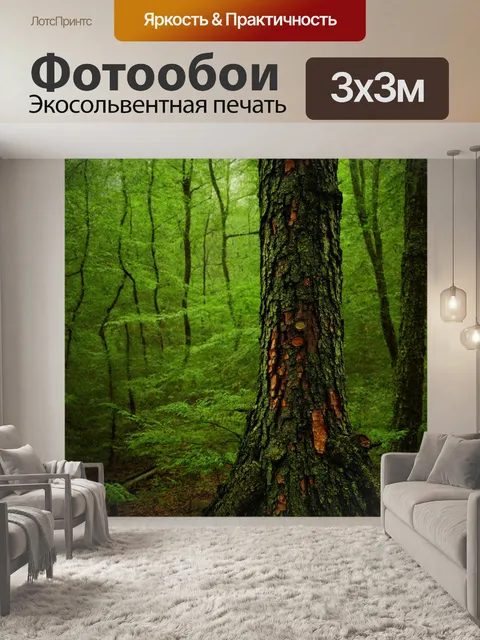 Фотообои лес с различными текстурами коры деревьев и обилием зеленых оттенков