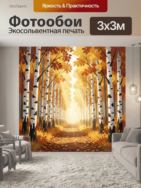 Фотообои Осенняя березовая аллея в лесу