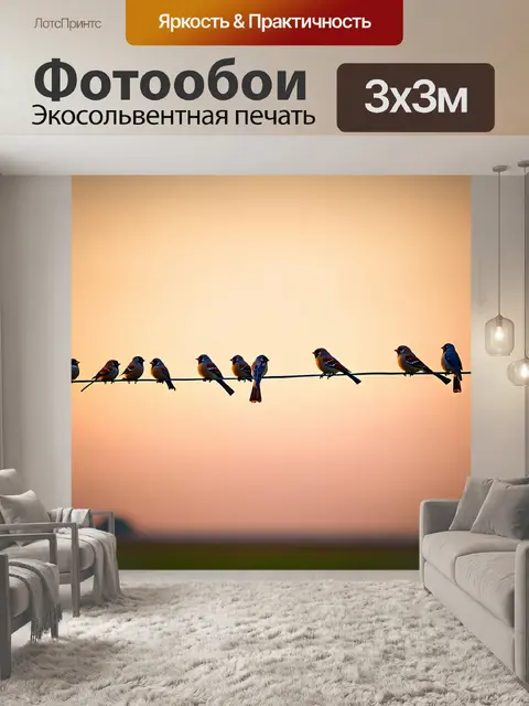 Фотообои животные в стиле тонализм, стая воробьев, сидящих на проводах, теплые тона вечернего неба