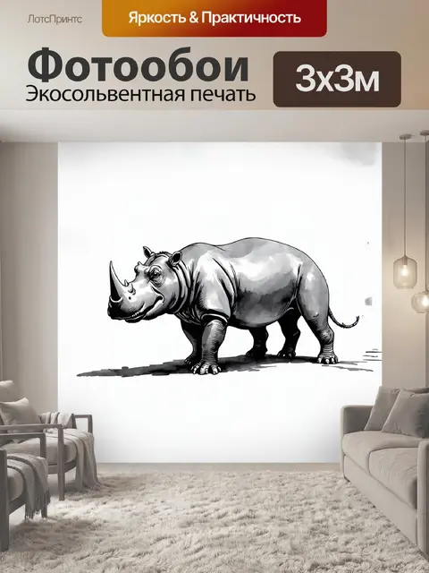 Фотообои серебряный бегемот, величественно принявший свою позу на белом фоне, окружённый вспышками света, создающими…