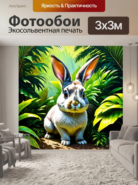 Фотообои в тропическом лесу, среди ярких растений, живут экзотические кролики с необычными глазами
