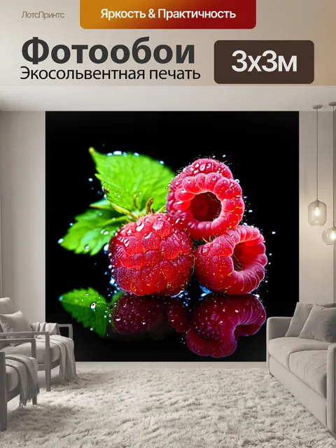 Фотообои Яркие спелые малинки, покрытые капельками воды, на фоне черного цвета