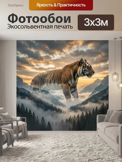 Фотообои Гигантский тигр, парящий над горной долиной, композиция вертикальная, тигр в центре и чуть справа, вид в…