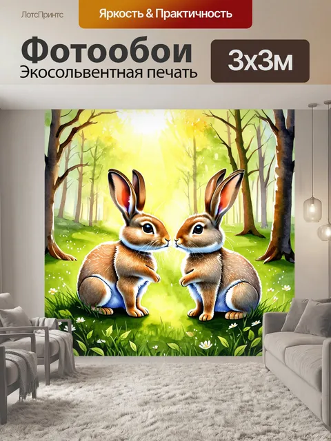 Фотообои романтичная сцена в лесу, наполненная мягким светом раннего утра, где два кролика нежно смотрят друг на друга