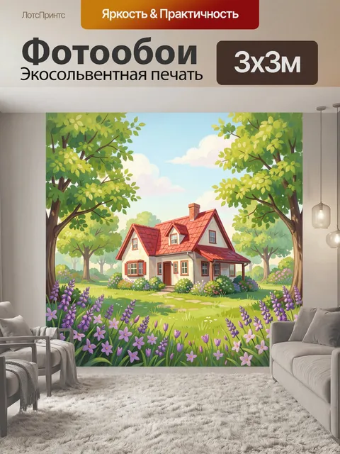 Фотообои Домик в зелёном саду с цветами