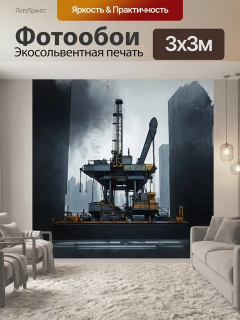 Фотообои нефтяная вышка доминирует в современном промышленном квартале, среди зданий из стекла и стали
