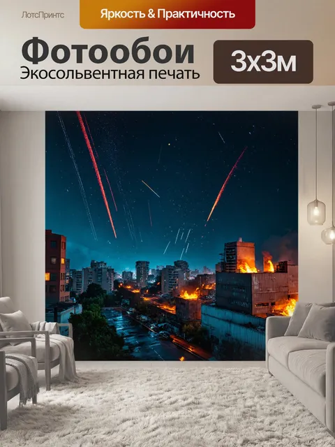 Фотообои ночь в стиле научная фантастика: ужасный метеоритный дождь над постапокалиптическим городом