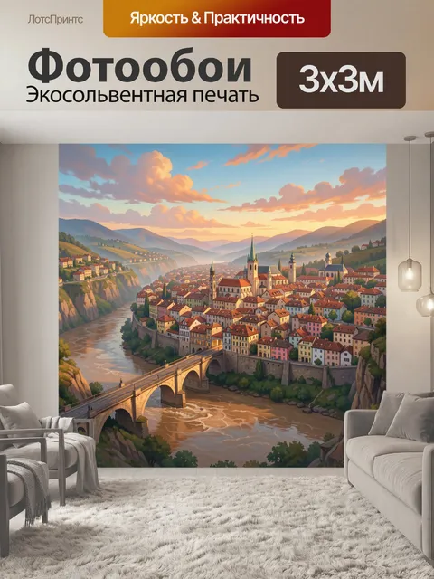Фотообои Старинный город у реки в горах