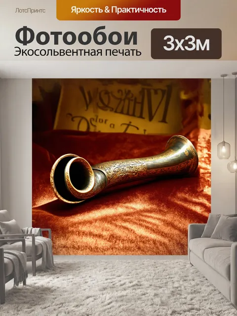 Фотообои почтовый рог, украшенный замысловатыми узорами и золотыми вставками, лежит на бархатном фоне