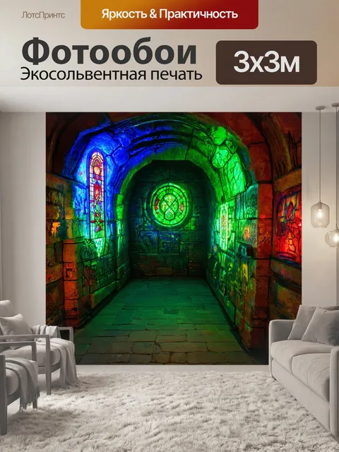 Фотообои стены подземелья, украшенные граффити из светящейся краски и неоновыми огнями, создающими эффект…
