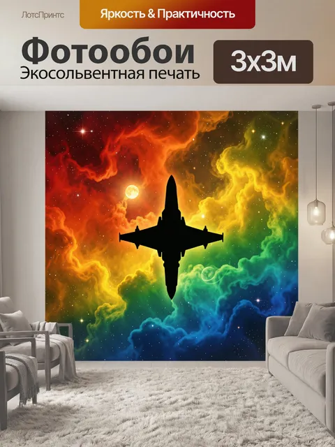 Фотообои Силуэт самолёта в космическом пламени