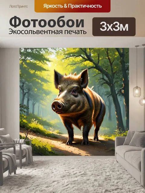 Фотообои в густом, туманном лесу, на фоне ярких зеленых деревьев и низкой растительности, стоит могучий дикий кабан…