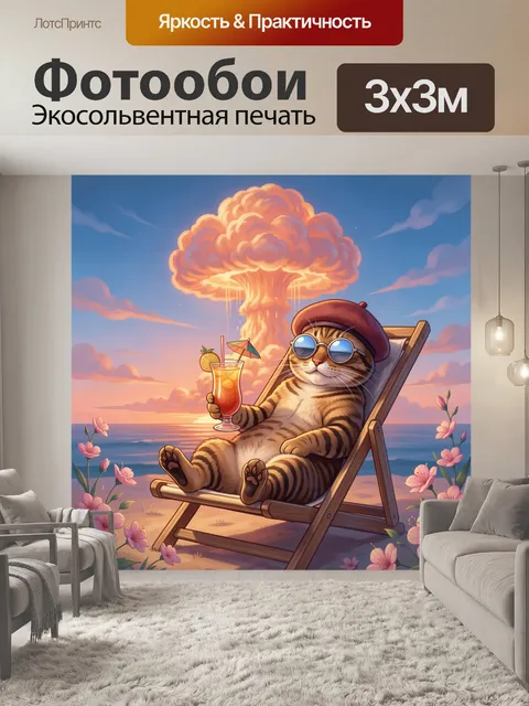 Фотообои Кот с коктейлем у моря
