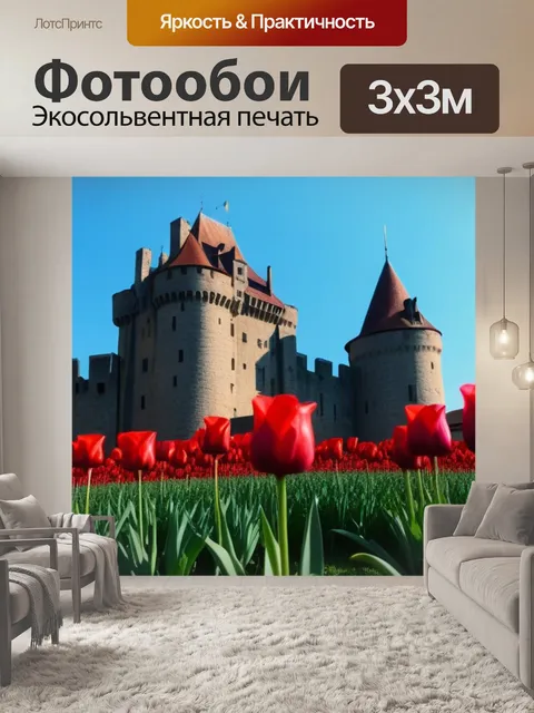 Фотообои тюльпаны на фоне старинного замка