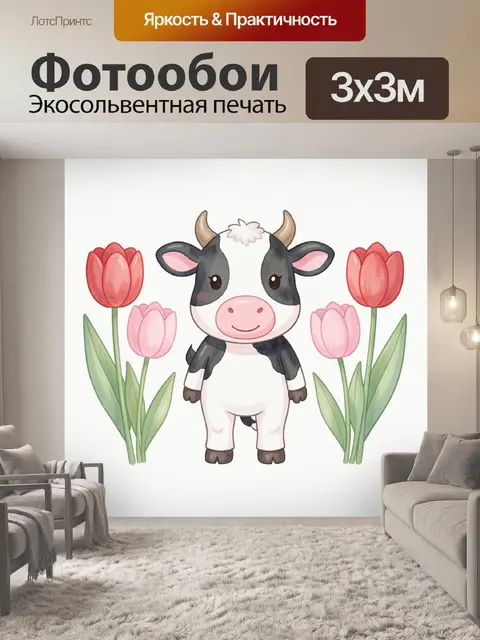 Фотообои Милый теленок среди тюльпанов
