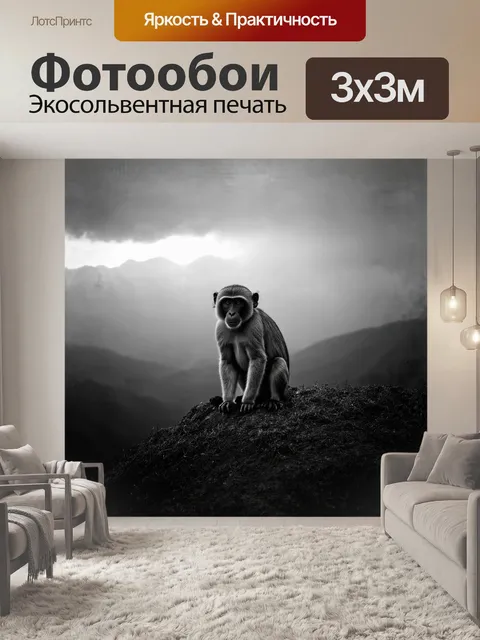 Фотообои на высоком холме, окутанном туманом, стоит величественный примат с выразительной мимикой, его глаза полны…