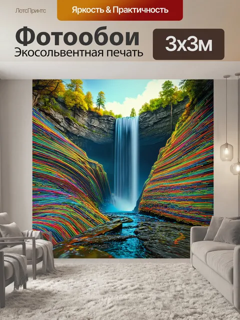 Фотообои водопад из строк кода, струящийся по природному ландшафту, стиль хиппи