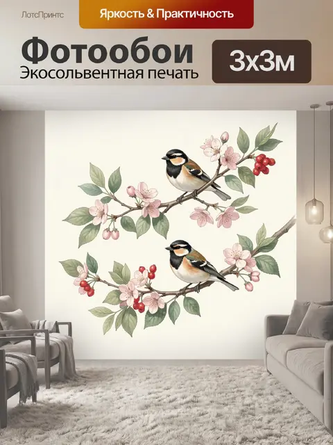 Фотообои Птицы на цветущих ветвях