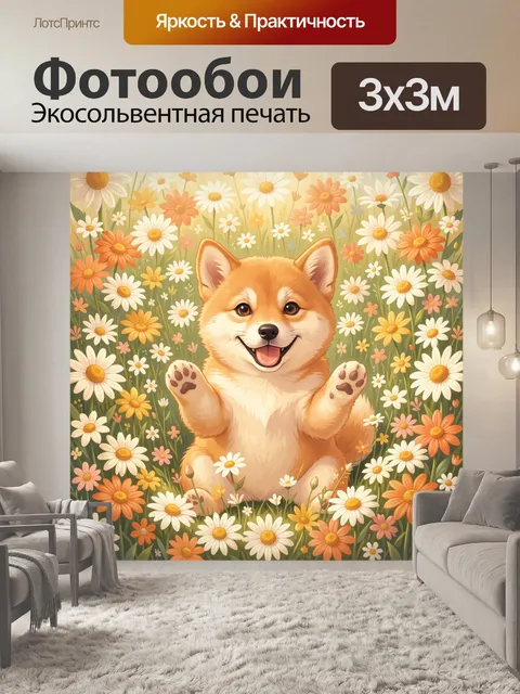 Фотообои Щенок корги среди ромашек