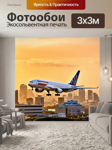 Фотообои boeing 787 на фоне городской панорамы во время золотого часа