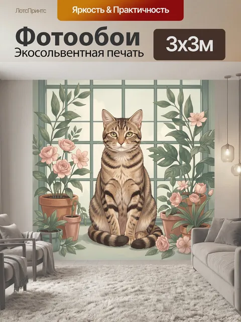 Фотообои Кот в окружении цветов в горшках
