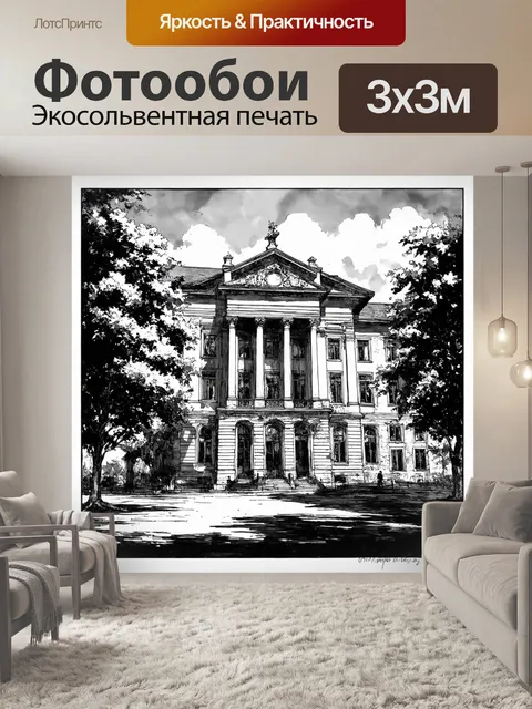 Фотообои черно-белый с изображением старинного городского здания в неоклассическом стиле