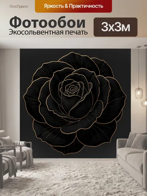 Фотообои Черная роза с золотым контуром
